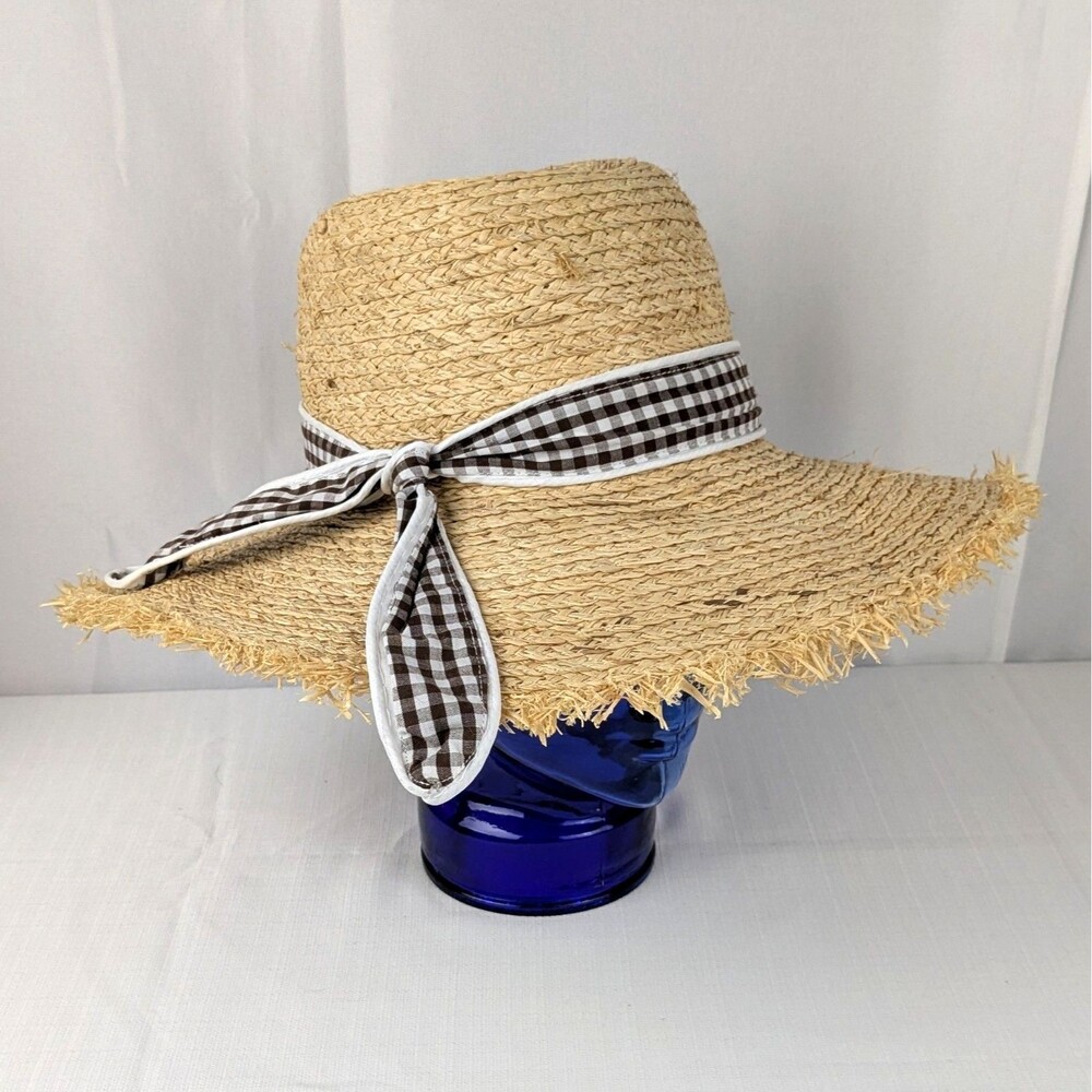 POL Womens Wide Brim Raffia Straw Hat Brown White Gingham Ribbon Band